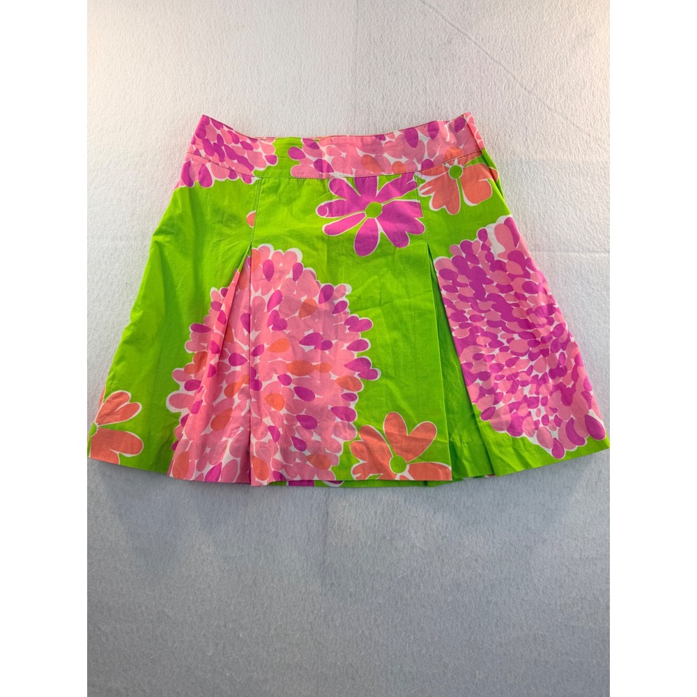Lilly Pulitzer Floral Mini Skirt Green Pink Orange Pleated Size 4 Summer Preppy